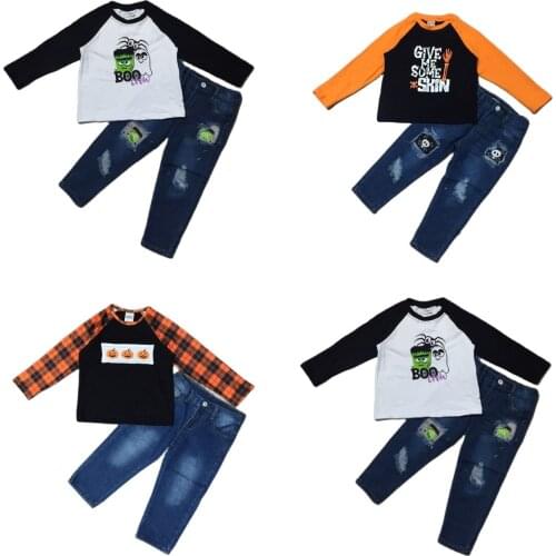 Girlymax Halloween Pumpkin BOO Plaid Give Some Skin Cotton Top Long Sleeve T-shirt Baby Boys Denim Jeans Pants Set Kids Clothing