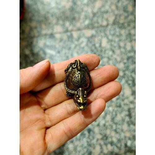 CHINA antique brass fengshui Dragon turtle small Statue Metal crafts family decorations Key buckle Necklace pandent