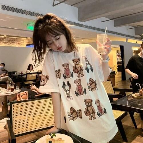 Summer Short-sleeved Women T-Shirt Korean Style Oversized Couple Loose Casual Tee Cute Bear Printed Cloth Kawaii Tops Tshirts
