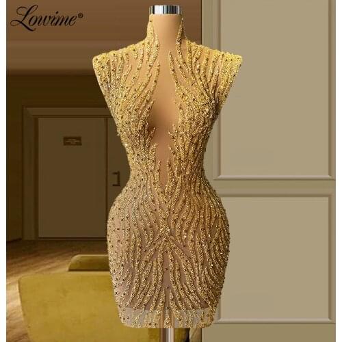 Lowime Short Cocktail Dresses 2021 Newest Gold Beaded Party Gowns Custom Made Illusion Sexy Luxury Graduation Evening Dress Robe