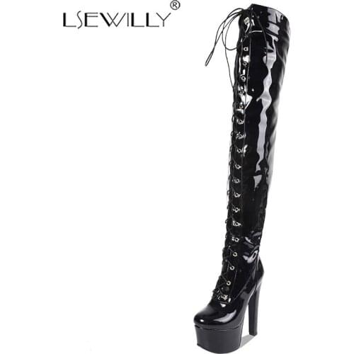 Lsewilly Lady Ultra High Stiletto Heel Platform Warm Winter Thigh High Boots Women Lace up Party Night Club Pole Dancing Boots