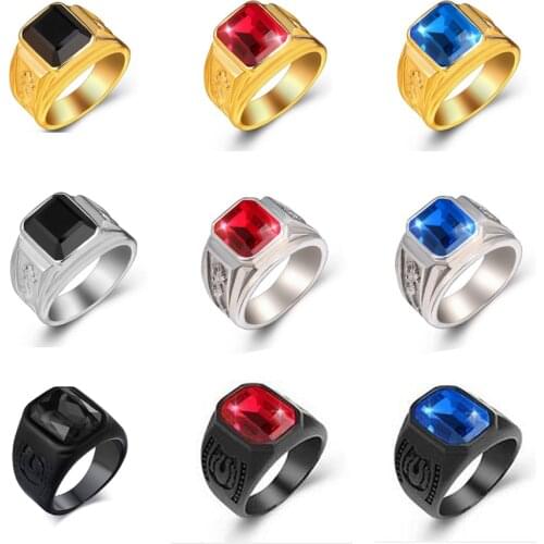 Fashion Black/Red/Blue Crystal Stone Black Finger Rings For Men Women Square Zircon Rings Stainless Steel Fashion Male Jewelry