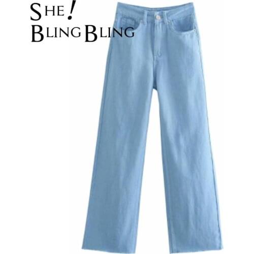 SheBlingBling 2021 Fashion Women Summer Blue Denim Jeans Pants Trousers High Waist Lady Wide Leg Female Causal Pants Pantalon
