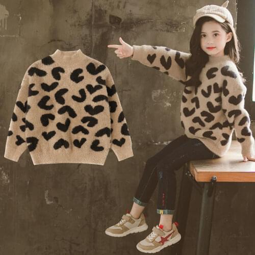 Soft Leopard Winter Spring Heart Sweater Warm Knitting Kids Girl Plus Velvet Outfits Baby Boutique Sports Children High Quality