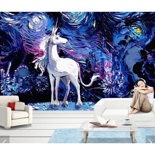 3D Unicorn Wallpaper Mural Hand Oil Painting Printed Wall Paper Contact Paper Wall Murals Decals Papel De Parede Animal Mural