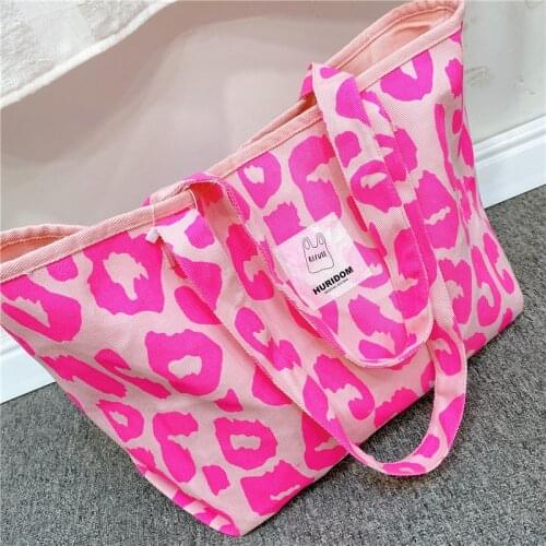 New Women Casual Shoulder Bags Fluorescent Leopard Print Large Capacity Canvas Handbag For Ladies