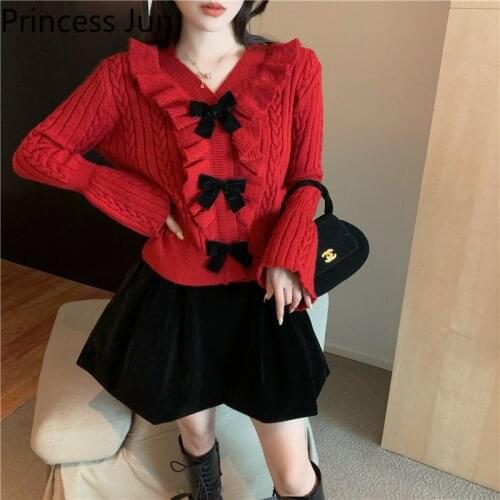 New Fashion Two Piece Sets Outfits Sweet French V-neck Bowknot Red Sweater&High Waist All Match Black Mini Skirt 2PC Dress Suits