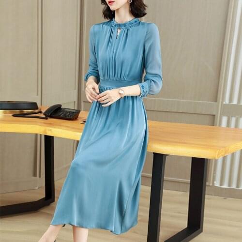 Office Lady Style Womens Summer Dresses Genuine Silk Female High Waist Dress Long Dress Elegant Woman Dress Ropa Mujer Zjt2506