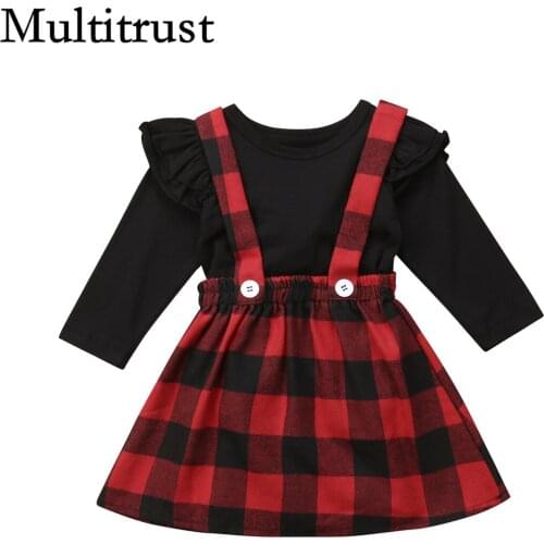 Citgeett Multitrust Brand Christmas Baby Girls Clothes Outfits Black Winter T-shirt+Overall strap Red Plaid Skirt Autumn Set