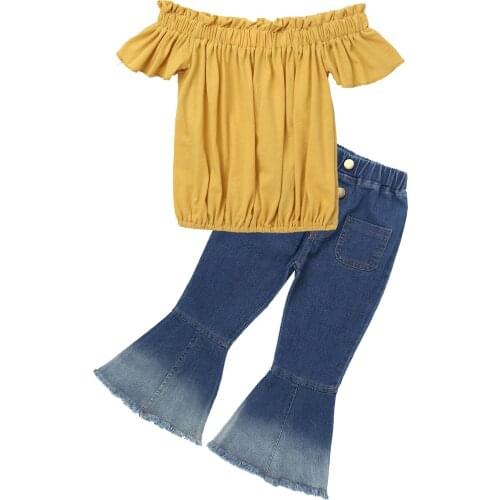 Oyolan 2021 Baby Girl Clothes Summer Tracksuit For Children Clothing Girls Sets One Word Collar T-shirt + Flared Jeans Kids Clot