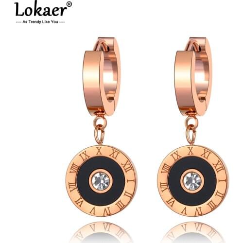 Lokaer Classic New Stainless Steel Black Acrylic Circle Roman Numeral Wedding Earrings For Women CZ Crystl Hoop Earrings E20092