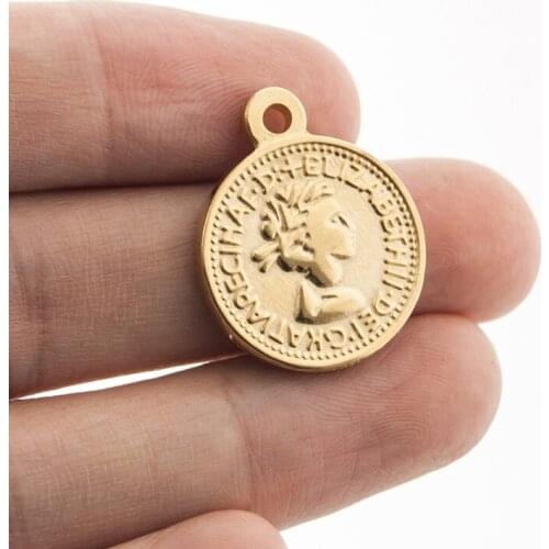 Simsimi 50pcs women coins small pendant Coin charm pendant Pound Elizabeth Stainless steel round charms for necklace pendant