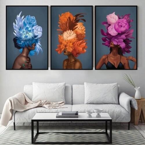 Modern Abstract Flower Girl Black Nude Woman Canvas Painting Nordic Poster Prints Wall Art for Living Room Home Decor (No Frame)