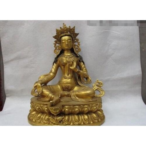USPS to USA S2609 100% Pure Bronze 24K Gold Gild Fane Green TaRa Goddess of Mercy Guan Yin Buddha