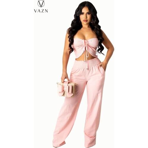 VAZN 2021 Top Quality Sexy Young Chiffon Free Energy Sweet Solid Strapless Long Wide Leg Pants High Waist Women 2 Piece Set