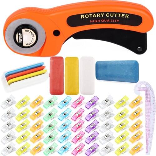 LMDZ Rotary Cutter Patchwork Roller Wheel Round Knife With50 PCS Plastic Clips Tailors Chalk Soft Plastic Ruler Sewing Tool