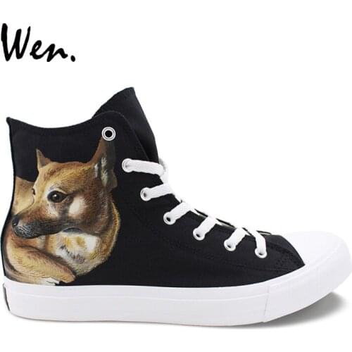 Wen Hand Painted Original Shoes Chinese Rural Pet Dog Design Men Canvas Sneakers Black High Top Laced Women Athletic Shoes Skate