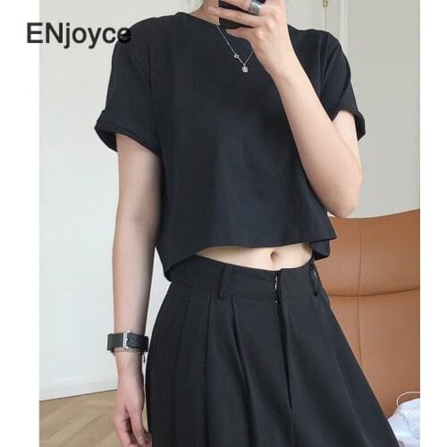 Women Basic Simple O-Neck Short Sleeve T-Shirt Korean Style Fashion Pullover Loose Cotton Tee Black Cropped Tops Summer 2021