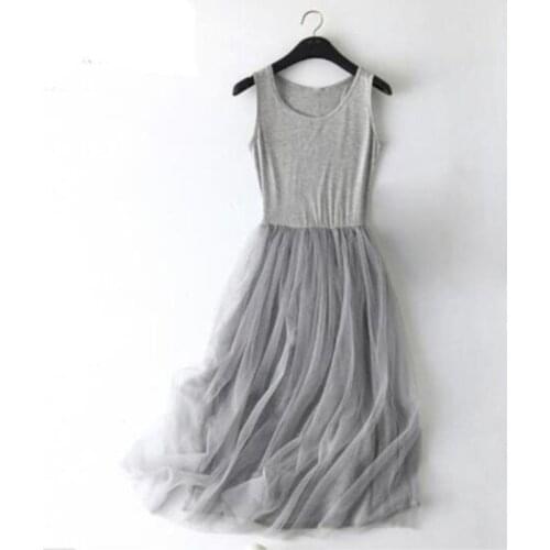 2020 Spring Sleeveless sling Gauze Lace Dress Women Tunic Basic Long Dresses Summer Modal Mesh gray Sexy Dress