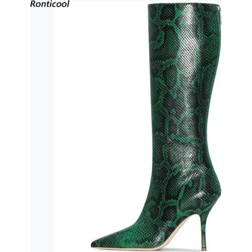Ronticool New Women Winter Knee Boots Snake Skin Back Zipper 10 Cm Stiletto Heels Pointed Toe Green Club Shoes Plus US Size 5-14
