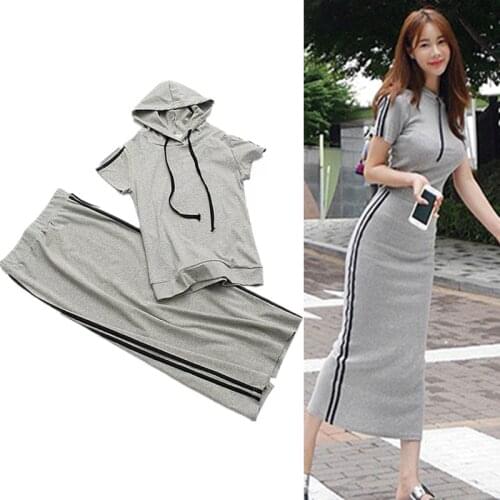Women fashion streetwear tracksuit Short Sleeve Hoodies Top + Back Split Pencil Skirt Summer 2pcs Skirt Sets Tracksuit