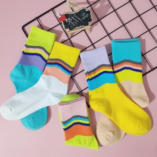 Women Solid Cotton Rainbow Prints Crew Socks Girls Simle Face Multi Color Sock Short Winter Socks Striped Ankle Socks 5pairs/lot