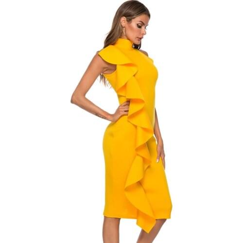 Elegant Sleeveless Women Pencil Party Ruffles Design Summer Midi Slim Bodycon Dress Office Ladies Formal Work Wear