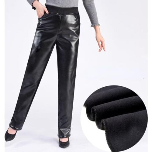2021 Spring Winter Women Fashion High Elastic Waist PU Leather Trousers Female Elegant Pants Ladies Casual Vintage Pants H635