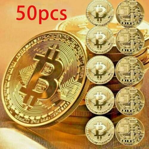50pcs Bitcoin 40mm*2.5mm Creative Souvenir Gold Plated Bitcoin Collectible Gift Art Collection Physical Gold Commemorative Coin
