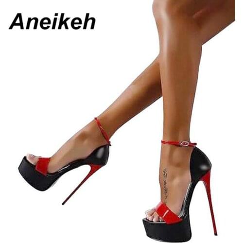 Aneikeh 2018 Fashion Peep Toe High-heeled Sandals Sexy 16CM High Heels Buckle Strap Nightclub Party Shoes Big Size 40 Black