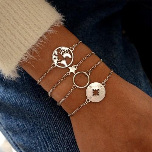 Bohemian 4-Piece Set Compass Map Star Bracelet Retro Simple Design Silver Color Hand Chain Fashion Women Jewelry Gift