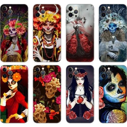 Black tpu case for iphone 5se 6 6s 7 8 plus 10 XR XS 11 12 mini pro MAX back cover Catrina beautiful rose girl Skull Art Perfect