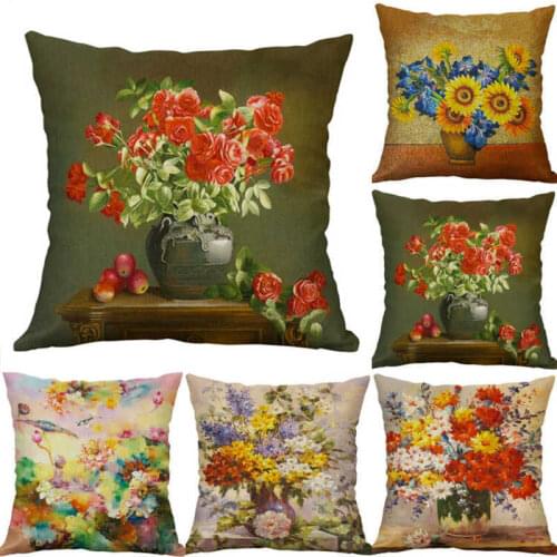Home Decor Soft Cotton Linen Vintage Cushion Cover Oil Case Pillow Flower painting