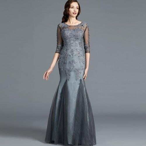 Elegant Mermaid Gray Lace Applique Jewel Neck Mother of the Bride Dresses With Three Quarter Sleeve Beaded Wedding Guest Dresses