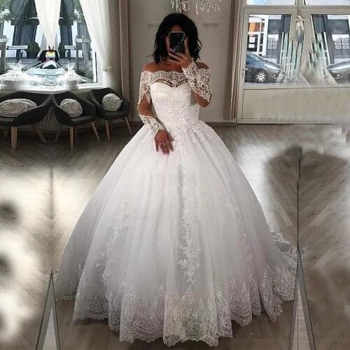 Exquisite Skin Tulle Long Sleeves Boat Neck Bridal Ball Gown Off The Shoulder Princess Elegant Wedding Dress Bohemian Plus Size
