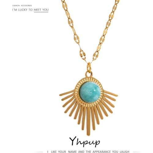 Yhpup Stainless Steel Stone Pendant Necklace Exquisite Geometric Metal Collar Necklace Jewelry украшения 2021 бижутерия Gift