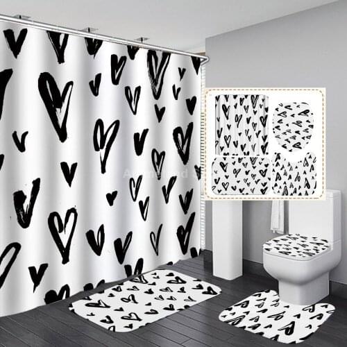 Cool Black Heart Shower Curtain With Non Slip Rug Mat Bathroom Curtains Waterproof Polyester Bathroom Curtain with Hooks Modern