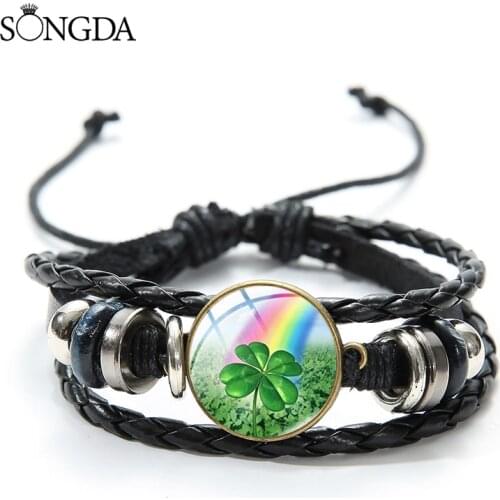 Four Leaf Clover Leather Bracelets Art Photo Glass Cabochon Multi-layer Adjustable Classic Bangles For Gift Men Women Jewelry