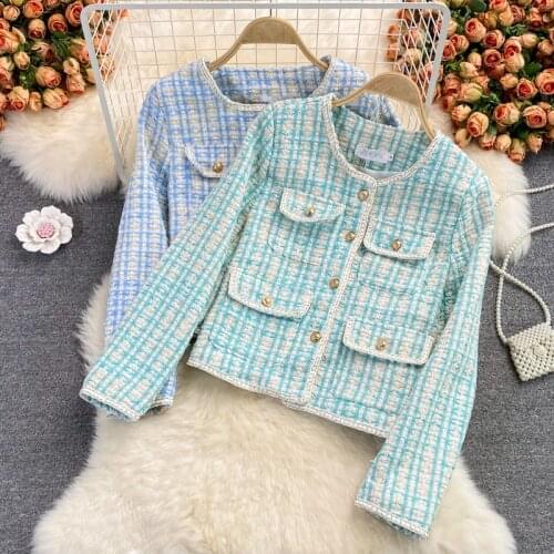 2021 New Autumn Green Plaid Tweed Jacket Fashion Vintage Long Sleeve Round Neck Single-Breasted Woolen Outerwear Chic Coats
