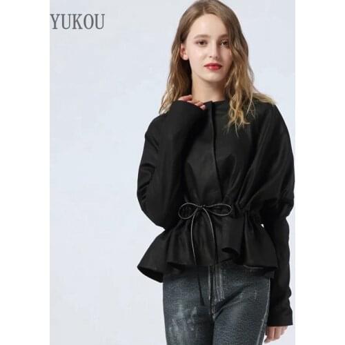 YUKOU European Style Real Sheepskin Genuine Women Coats Sheepskin Genuine Leather Short Windcoat Bat Sleeve Bat Sleeves Loose