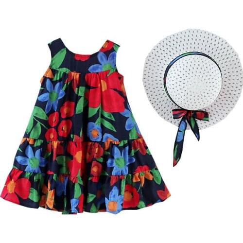 Girls crushed flower dress summer artichoke doll skirt seaside vacation big skirt princess skirt send hat