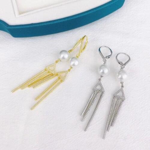 MJ114 Solid S925 Silver Round 10-11mm Nature Fresh Water White Pearls Drop Dangle Earrings for Women Fine Presents with Zircons