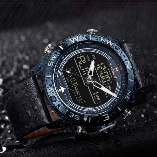 NAVIFORCE Mens LED Analog Digital Watch Men Military waterproof Leather Sport Quartz watch Mens casual clock Relogio Masculino