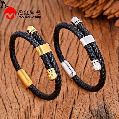 2020 Fashion Punk Men Jewelry Charm Genuine Leather Bracelets Stainless Steel Magnetic Clasp Bracelet Mens Friends Gift Bangles