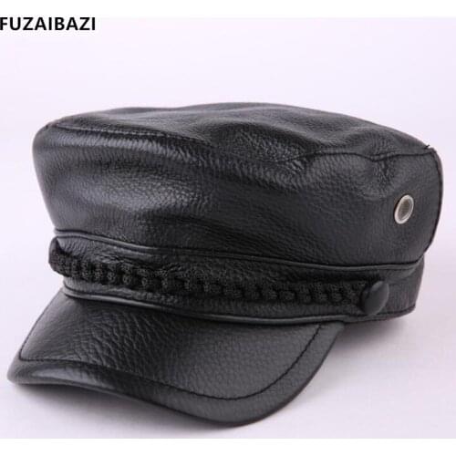 FUZAIBAZI New Genuine Leather Winter Mens First Layer Cowhide Military Hats Fashion Elegant Womans Flat Cap Leisure Hat