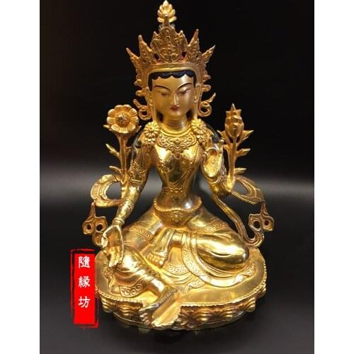 Wholesale Buddhist supplies # HOME family efficacious Protection # 30CM large Buddhism Green Tara Buddha gilding brass statue