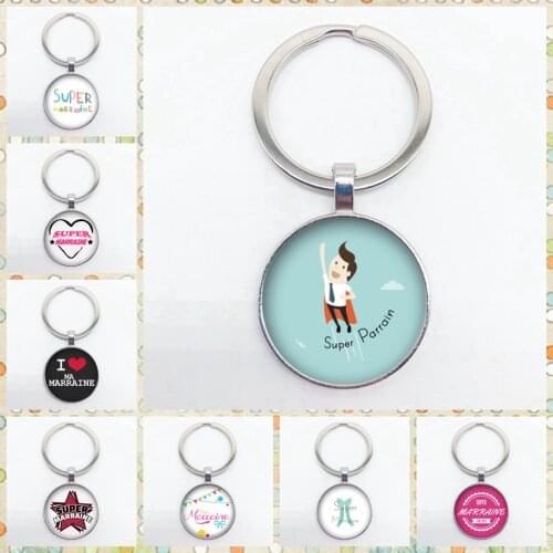 Popular New Super Godmother Godfather Key Ring Superhero Thank Godfather Godmother Glass Pendant Keychain Jewelry Gift