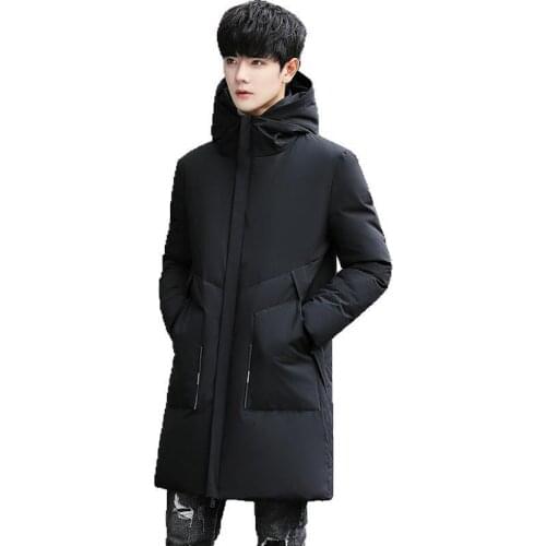 Down Jacket Mens Mid-length 2019 Winter New Style Korean-style White Duck down Hooded Youth MenS Wear Casual Jacket
