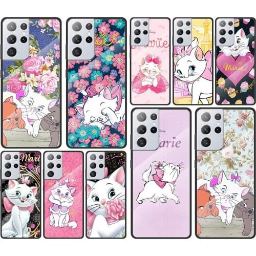 Disney Marie Cat for Samsung Galaxy S21 Ultra Plus A72 A52 4G 5G M51 M31 M21 Luxury Tempered Glass Phone Case Cover