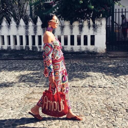 Sexy Bikini Cover-ups Handmade Crochet Boho Off Shoulder Two-Pieces Suit Maxi Dress Vintage Women Beach Cover up Chic Skirt A443